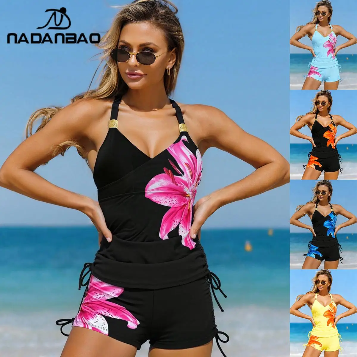 

Nadanbao Solid Color Floral Print Split Swimsuit Women's Black High Elasticity Quick-Dry Swimwear Sports Swimming Fitness Suit