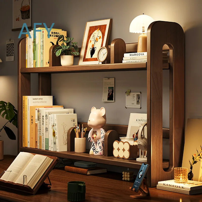 Adjustable Desktop Bookshelf for Student Home Office Use Solid Wood Small Cabinet Storage Organizer Shelf with Mobile Bookend