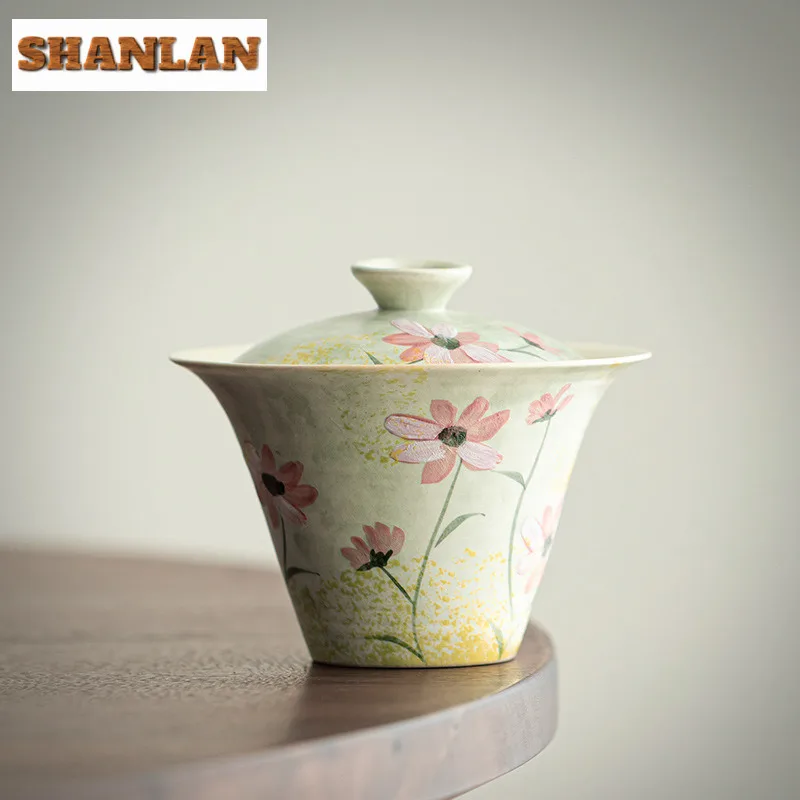 

140ML Hand Drawn Daisy Horseshoe Gaiwan Zen Tea Tureen Tea Bowl With Lid Kit Tea Maker Cover Bowl Chinese Tea Set Collection
