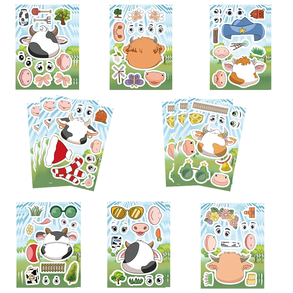 8PCS Cartoon Little Cow Face Changing Sticker Cartoon Graffiti Laptop Phone Skateboard Motorcycle Bicycle Stationery Sticker