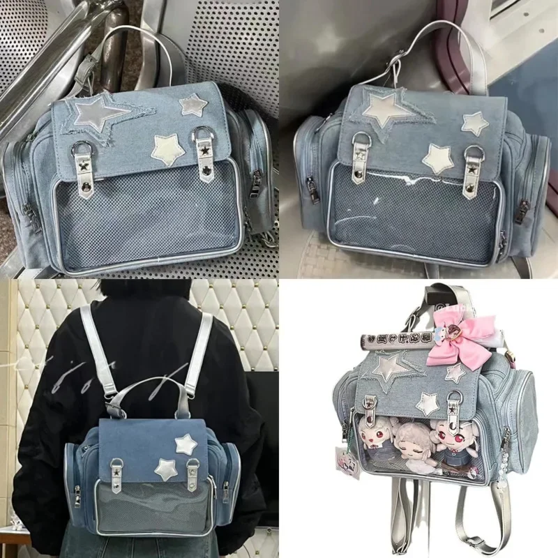 

Star Denim Itabag Back To School Y2K Backpacks Japan Korea Commute Denim Handbag High Capacity Backpacks Women's Handbags New