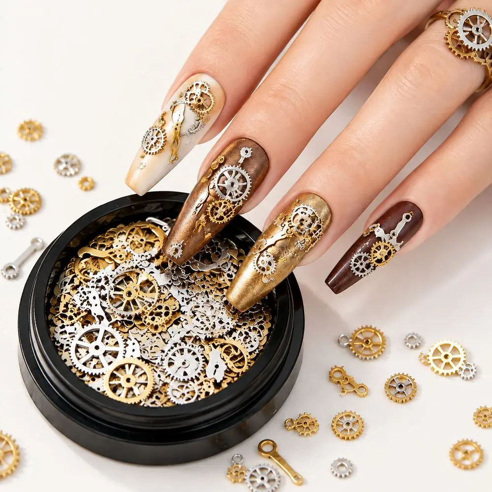 120Pcs Steampunk Metal Nail Studs Gold Silver Gears Cogs Clock Watch Hands Vintage Punk Rivet 3D Nail Charms Salon Decorations