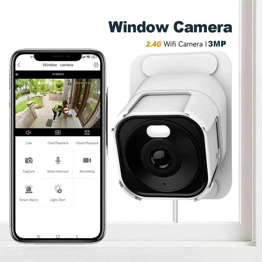 3MP WiFi Window Camera Full Color Night Vision Two-Way Audio Through Window Indoor Home Security Surveillance Camera