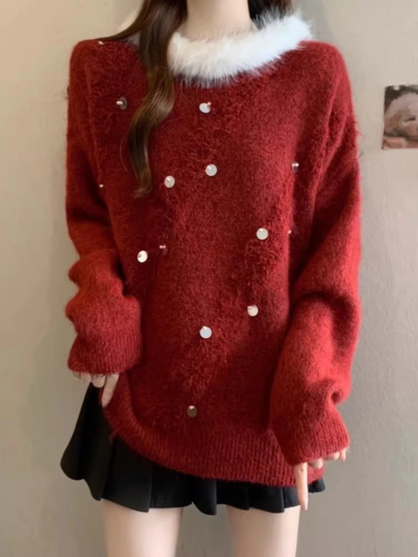 

Red iny Sequin Long Sve Sweater Women's Winter Large Size Loose Faionable Anti-Aging Super Beautiful Top
