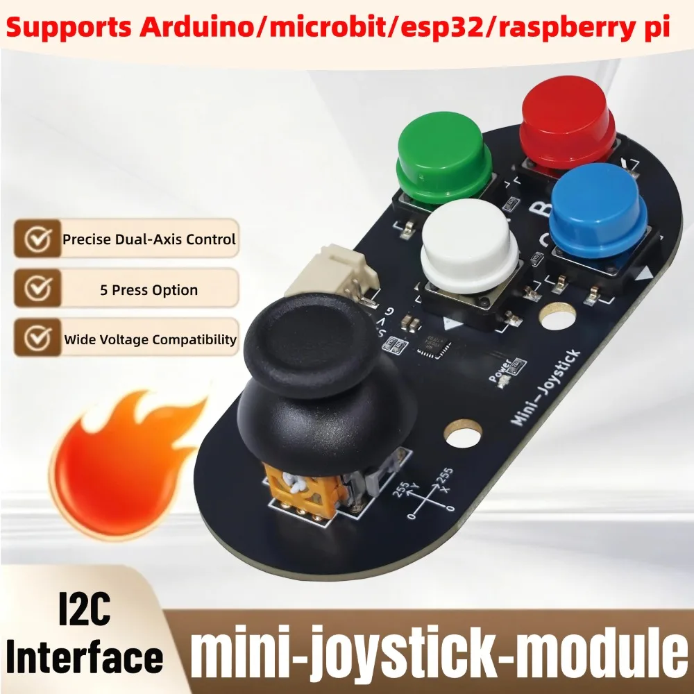 Mini I2C Joystick Gamepad Module for Arduino/Raspberry Pi – 4 Buttons (A/B/C/D) X/Y Dual-Axis Control PH2.0 Interface