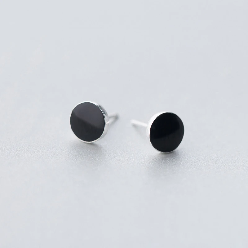 Modian Genuine 925 Sterling Silver Round Black Enamel Stud Earrings for Women Girl Fashion Classic Earrings Jewelry Gift