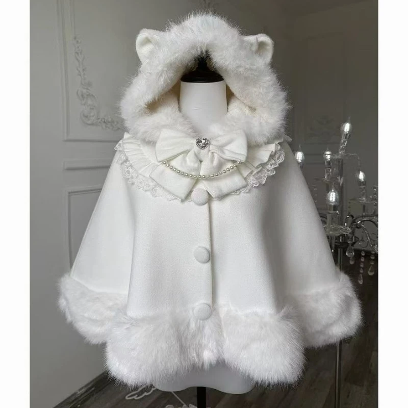 Japanese Lolita Sweet Cat Ears Hooded Cloak Women Y2k Aesthetic Single Breasted Coats Harajuku Kawaii Fur Patchwork Bow Jackets