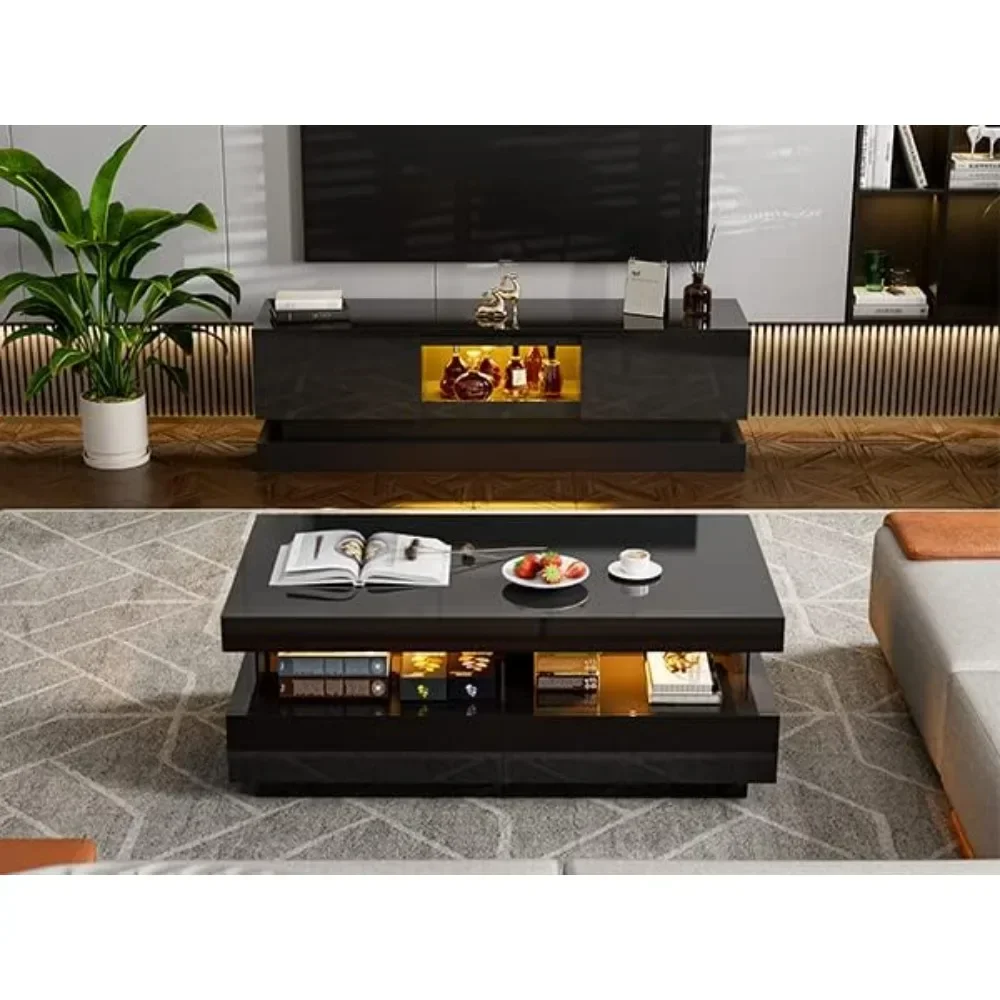 Modern High Glossy Coffee Table, White Coffee Table with 2 Storage Drawers and Acrylic Design Open Space, Rectangle Coffee Table