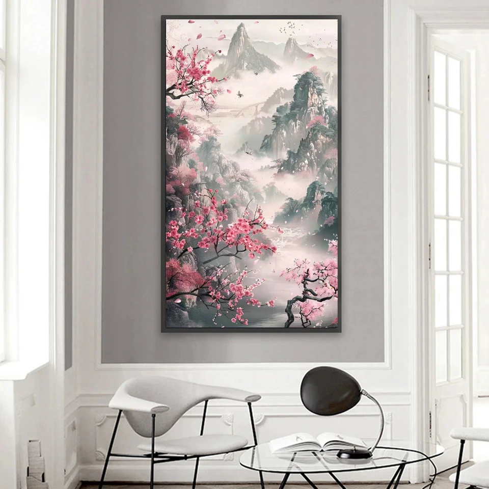 Pittura diamante fai da te di grandi dimensioni Sakura Valley Paesaggio pieno di strass Mosaico Ricamo Vendita Kit punto croce Decorazione della