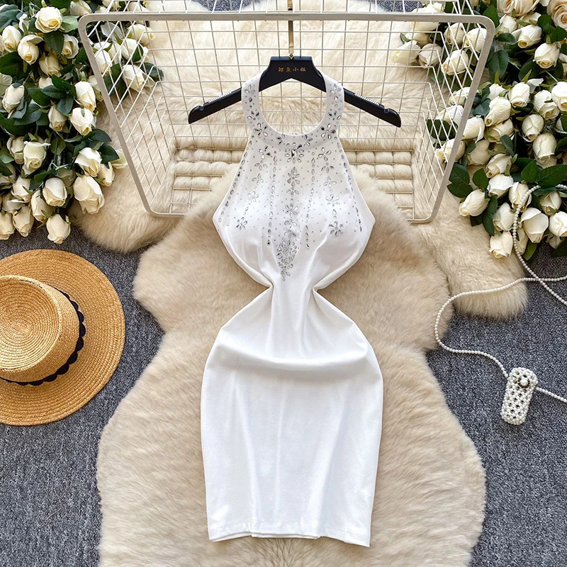 Light luxury heavy industry diamond inlaid hanging neck dress women's summer backless sleeveless temperament short skirt