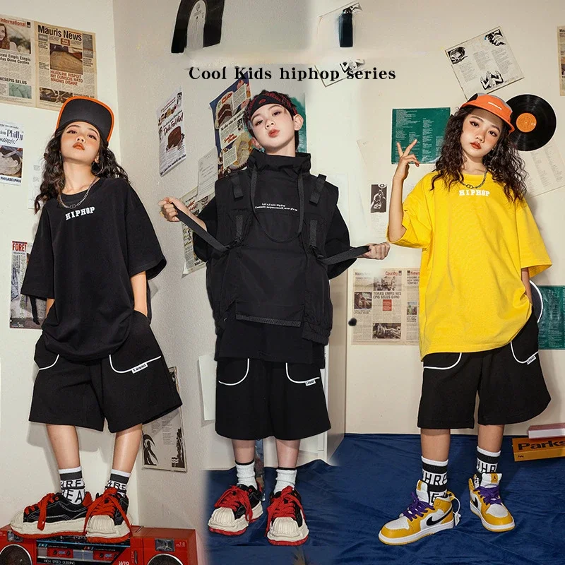 Teenager kpop Straße Outfits Hip Hop Kleidung Kinder schwarze Weste lose T-Shirt Baggy Shorts Mädchen Jungen Jazz Tanz Kostüm Kleidung