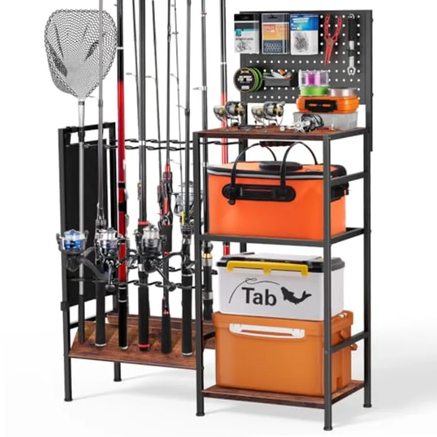 

Fishing Rod Storage Rack for Garage, Holds up to 12 Rods, Heavy Duty Fishing Gear Organizer with Pegboard, 3-Tier Metal Stand w