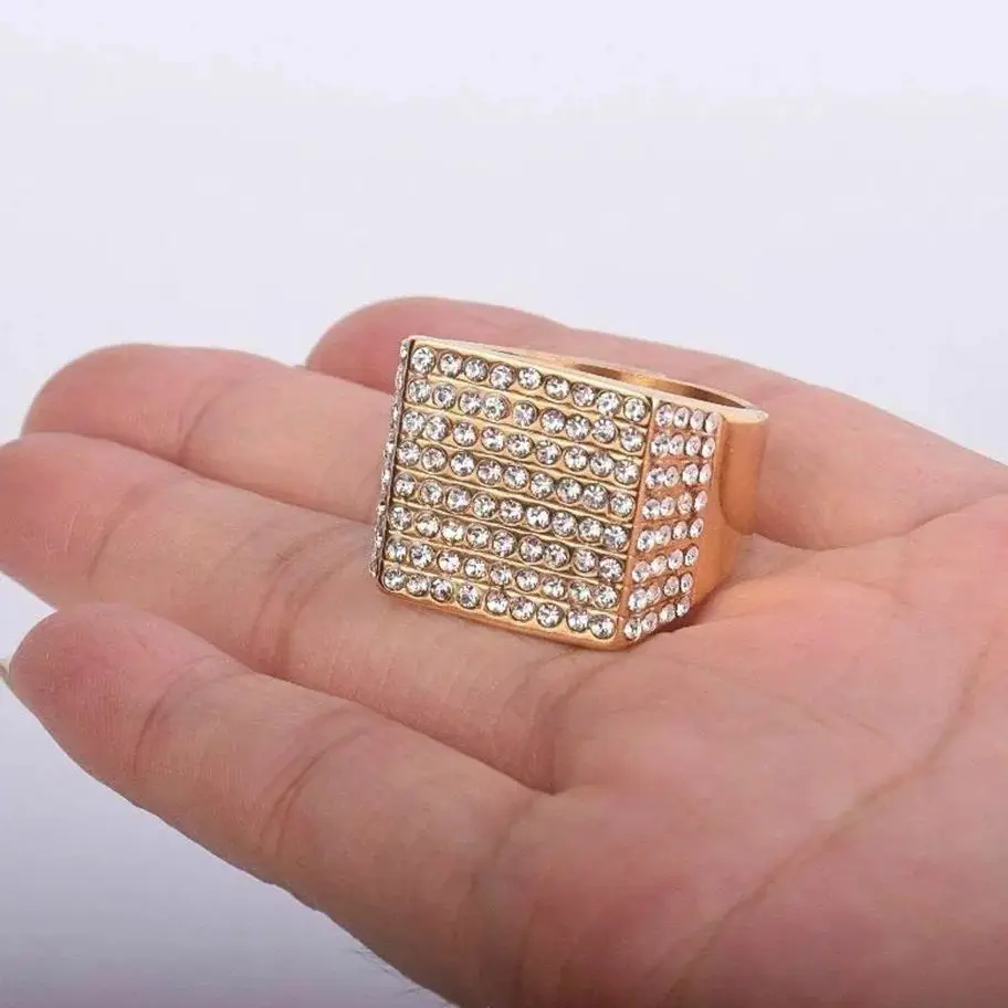

Hip Hop Iced Out Bling Square Ring Male Gold Color Stainless Steel Pave CZ Rapper Big Rings For Men Hippie Jewelry Gift 2025