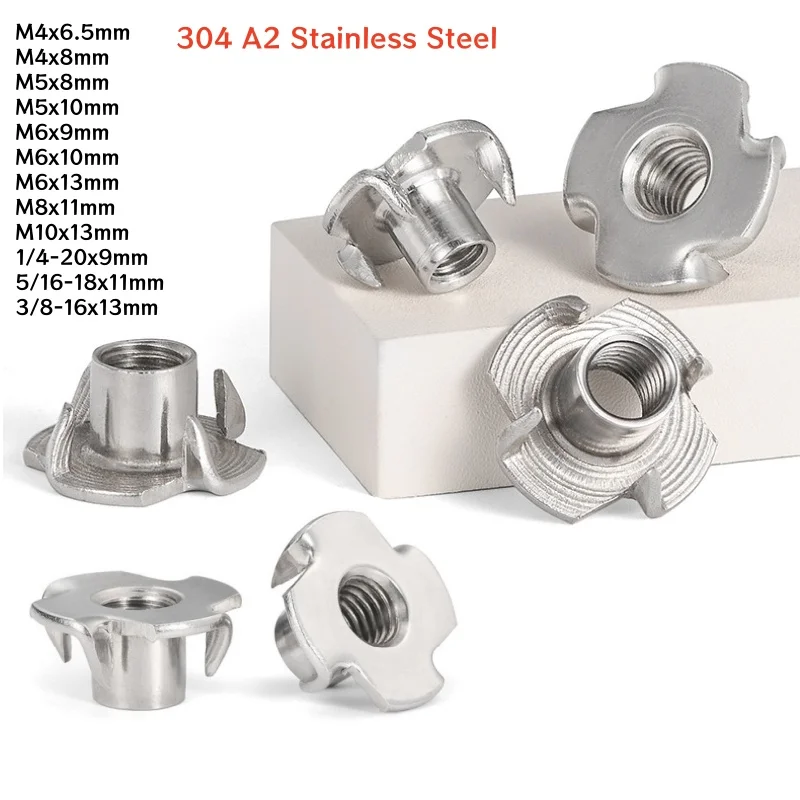 304 A2 Stainless Steel M4 M5 M6 M8 M10 1/4-20 5/16-18 3/8-16 Four Pronged T Nuts Captive Threaded Inserts For Wood Furniture
