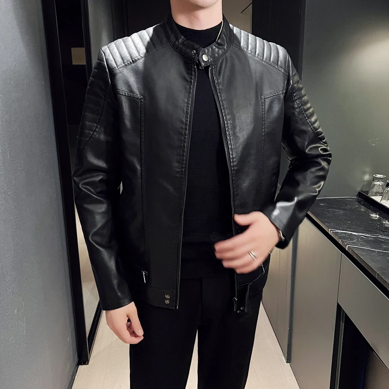 Shenxun Leather Jacket Fashion and Stylish Trendy Standing Collar Motorcycle Leather Jacket Windproof Coat