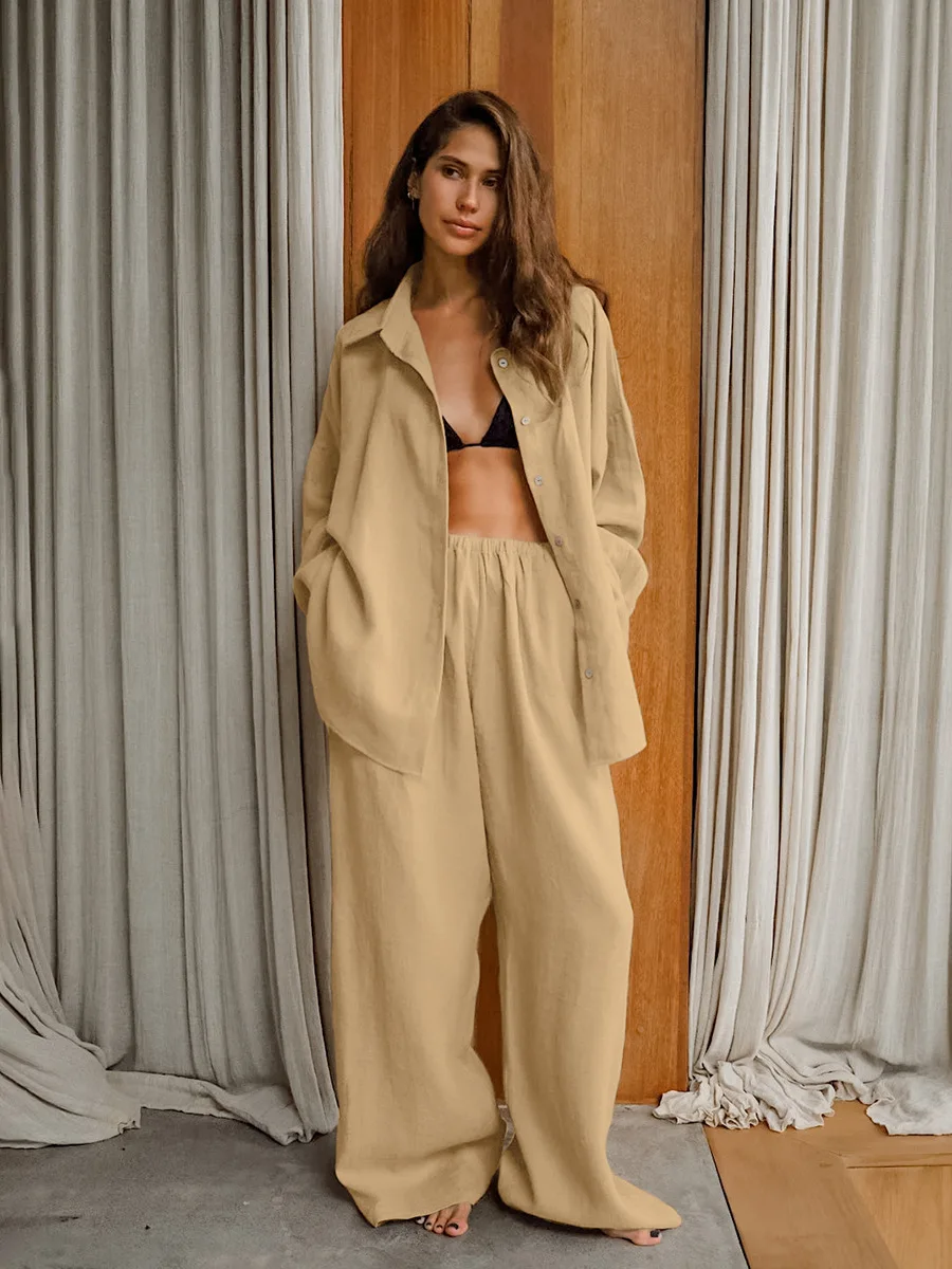 

Cotton Linen Women Two Pieces Set Chic 2025 Casual Long Sleeve Blouse Shirt and Wide Leg Pant Suits New In Matching Set Outfit