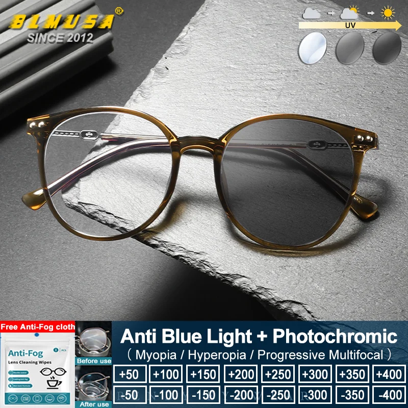 

BLMUSA (M) Simple Retro Women Round Frame Progressive Prescription Glasses Blue Light Filter Photochromic Reading Eyeglasses