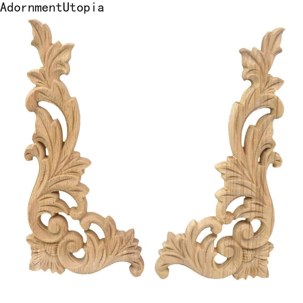 Natural European Retro Unpainted Wood Figurines Wood Applique Wood Decal Long Large Flower Wooden Walls Home Corner Doors