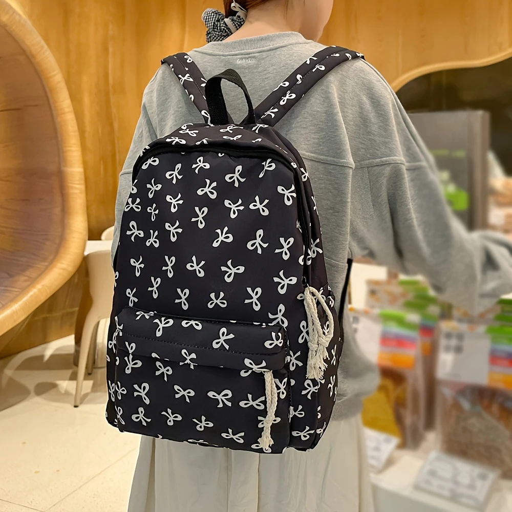 

Cute Bow Print Quilted Backpack, Lightweight Multi-pocket School Bag with Rope Detail for Students, Travel & Daily Use