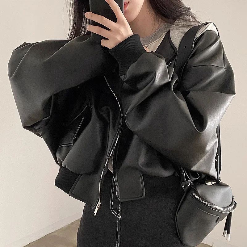 Korean Style Hooded PU Leather Bomber Jacket Vintage Leatner Jacket for Women Loose Spring Autumn Coats Outerwears Women Clothes