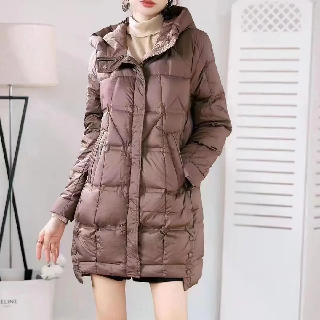 2023 New Arrivasl Women Hooded X-long Korean Slim Fit 90% White Duck Down Jacket Autumn/Winter Warm Female Office Lady Down Coat