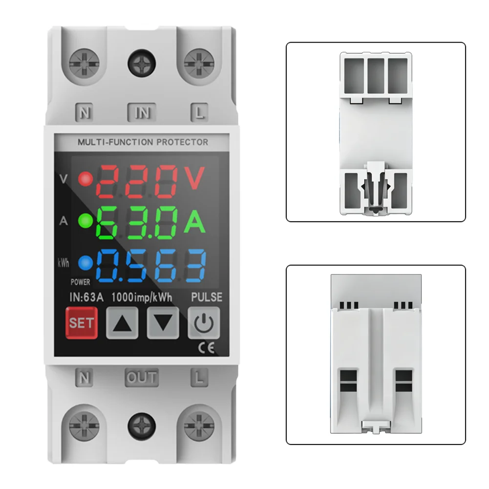 Digital Three-Display Metering Timer Protector Rail Over/Under Voltage Protector Equipped With A Sturdy DIN-rail Mounting Clip