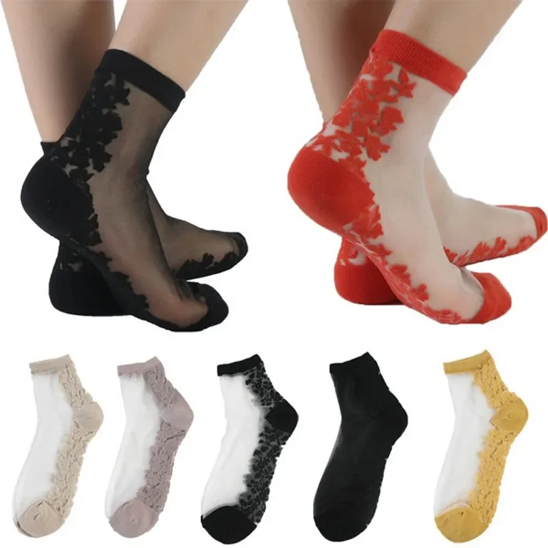 

Ultrathin Transparent Glass Silk Socks Women Lace Crystal Silk Short Thin Breathable Shiny High Elasticity Low-cut Socks