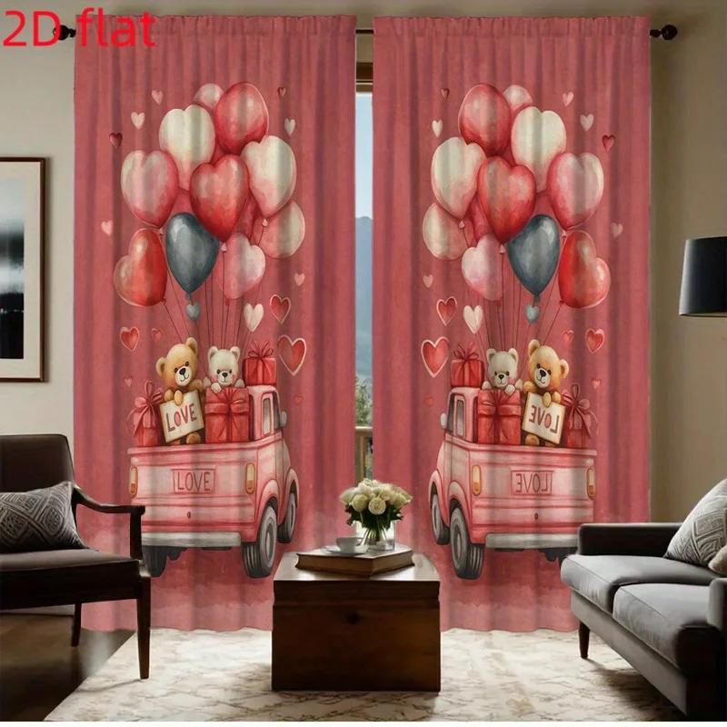 Cartoon Bear Curtain, Pink Balloon Truck Print Drapes, Romantic Kids Window Curtains, Girls Bedroom Decor