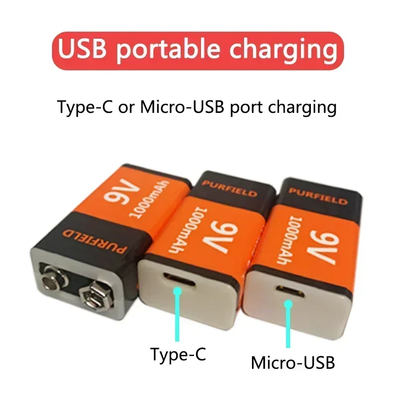 Purfield-充電式リチウム電池9ボルト,1000mAh,USB Type-c,6f22,9 v