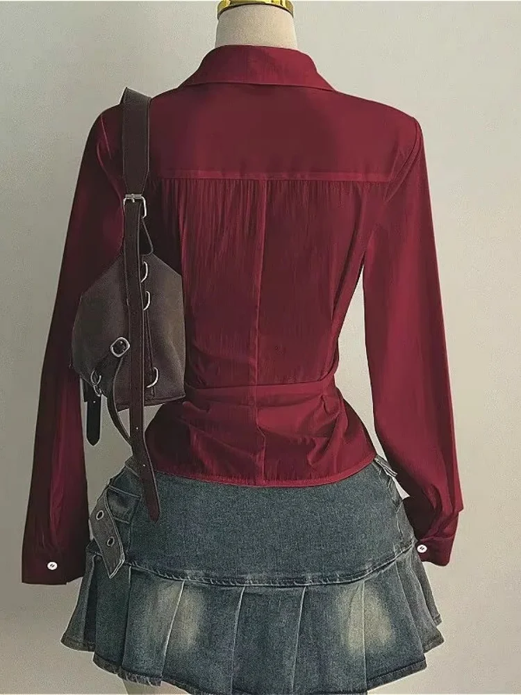 Fashion Long-sleeved Blouses Sexy Women Slim Fit Shirt V-neck Harajuku Office Lady Aesthetic Y2K Tie-Waist Gothic Street Tops