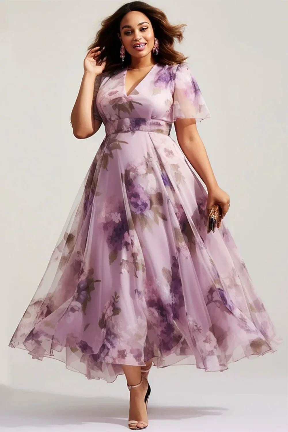 Plus Size Wedding Guest Purple Organza Floral Print Empire Waist Tunic Maxi Dress Short Sleeve V-Neck Elegant Long Dress