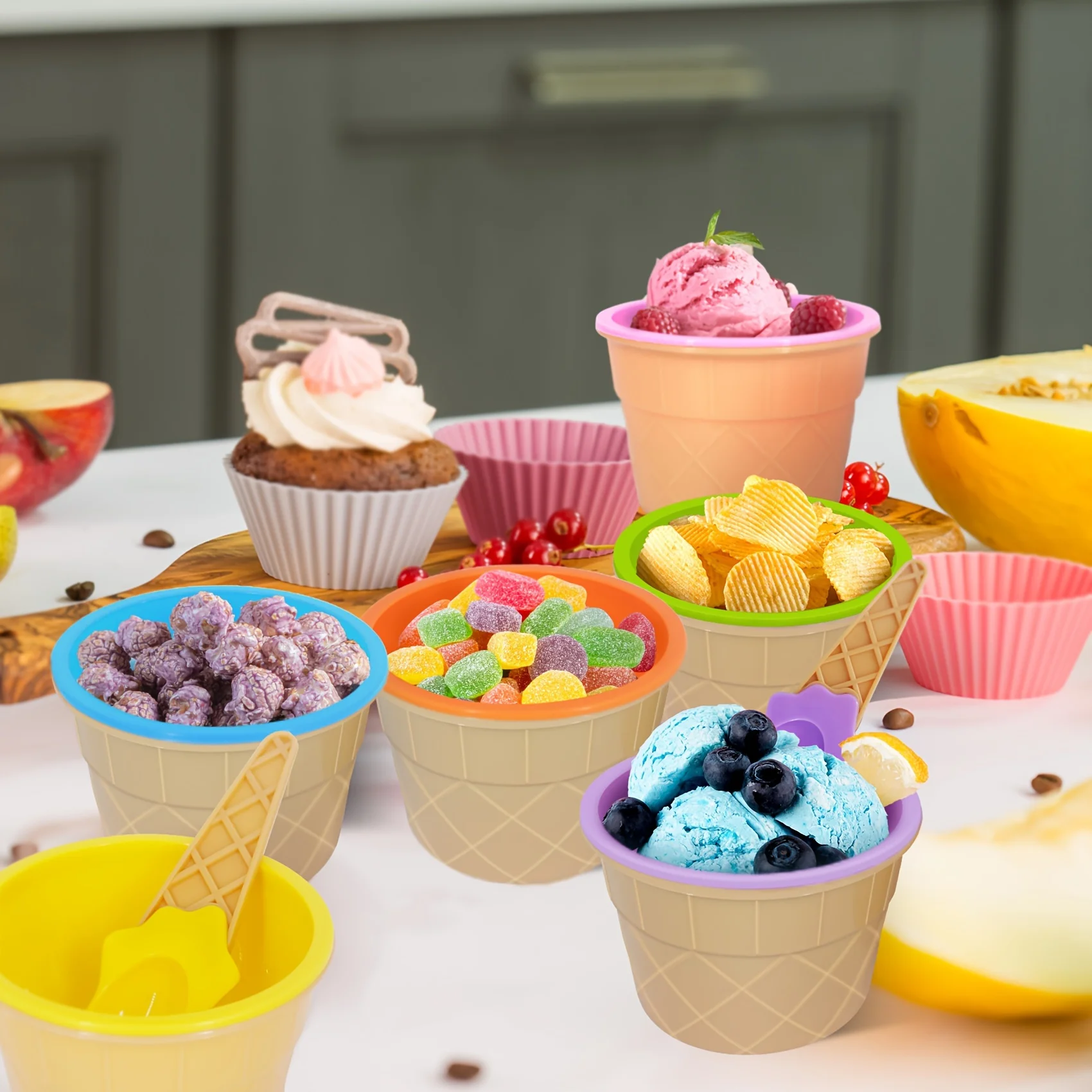 1/4pcs Vibrant Color Ice Cream Bowls with Spoons Dessert Sundae Dishes Set for Birthday Holiday Party Ice Cream Favor Gift Decor