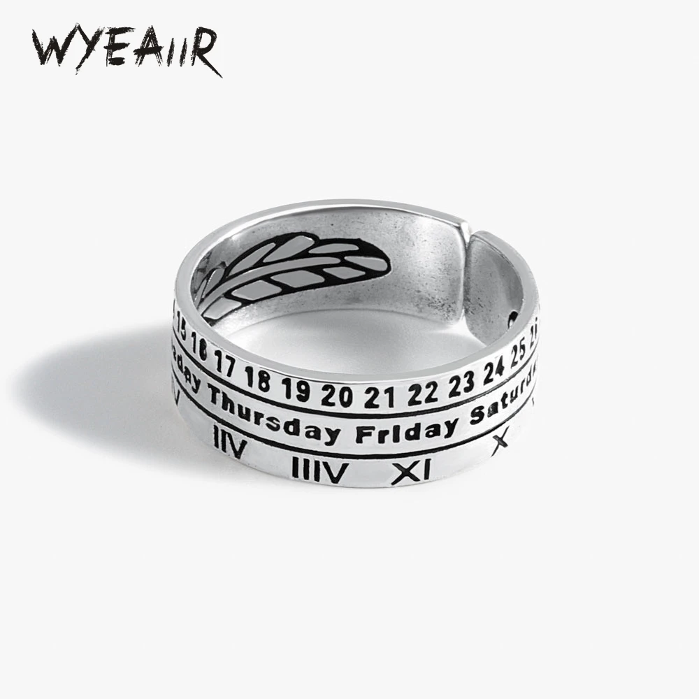 

WYEAIIR Antique Thai silver Roman Numerals Feather 925 Sterling Silver Resizable Opening Ring For Women Luxury Jewelry