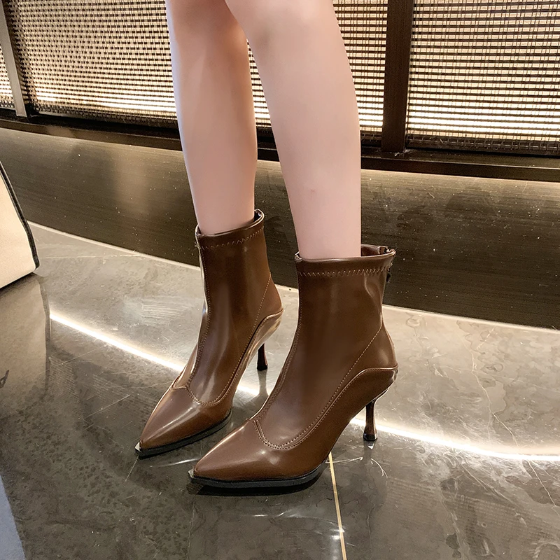 Botki damskie na szpilce, nowa kolekcja 2025, luksusowa marka, designerskie wysokie obcasy, wygodne, z PU, na grubej podeszwie, ciepłe botki Chelsea, rozmiary 35-40