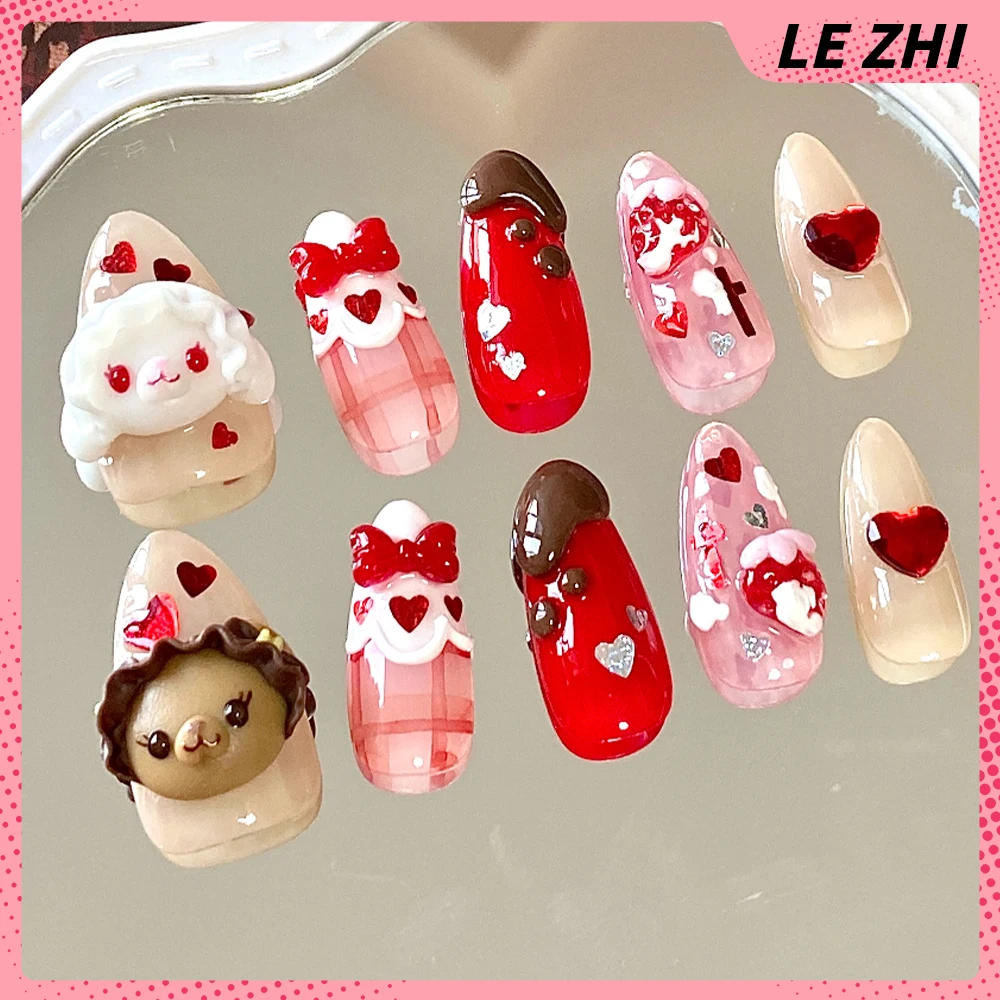 10 قطعة Y2K الكرتون مرحبا كيتي بلدي ميلودي اليدوية طويلة اللوز اضغط على الأظافر الحلو كول ثلاثية الأبعاد الزهور القوس أجنحة الماس وهمية مسمار