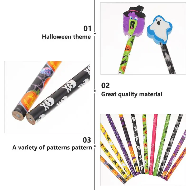 24Pcs Halloween Pencils Practical Children School Cartoon Wooden Drawing Painting Pencils Pencils with Erasers  (Random Color)