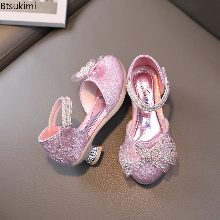 Butterfly-knot Crystal Pearls Sequins Girls Kids Shiny Shoes Medium Big Children's Princess High Heels Sandals for Wedding Party