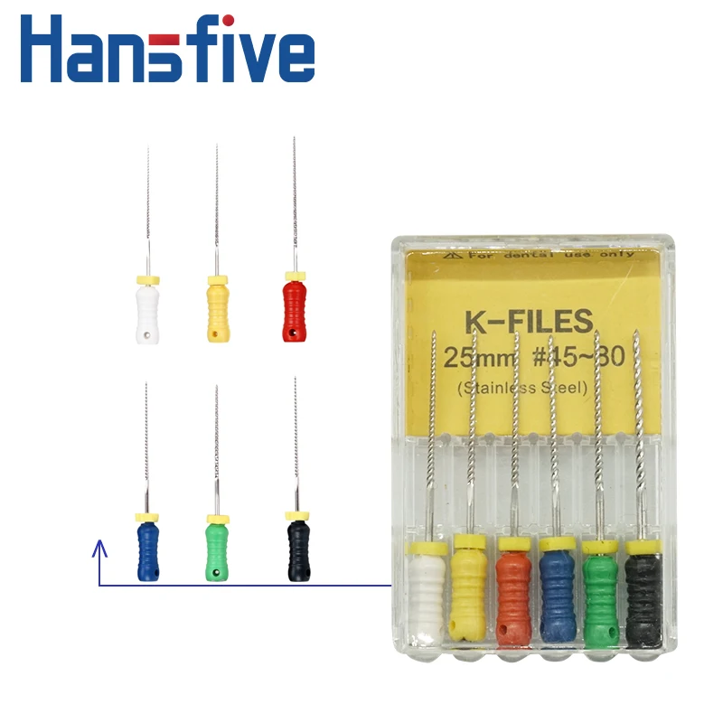 Hansfive 6pcs/Pack Dental Hand Use K Files 25mm Stainless Steel Endodontic Root Canal File 06 08 10 15 20 30 40 45-80