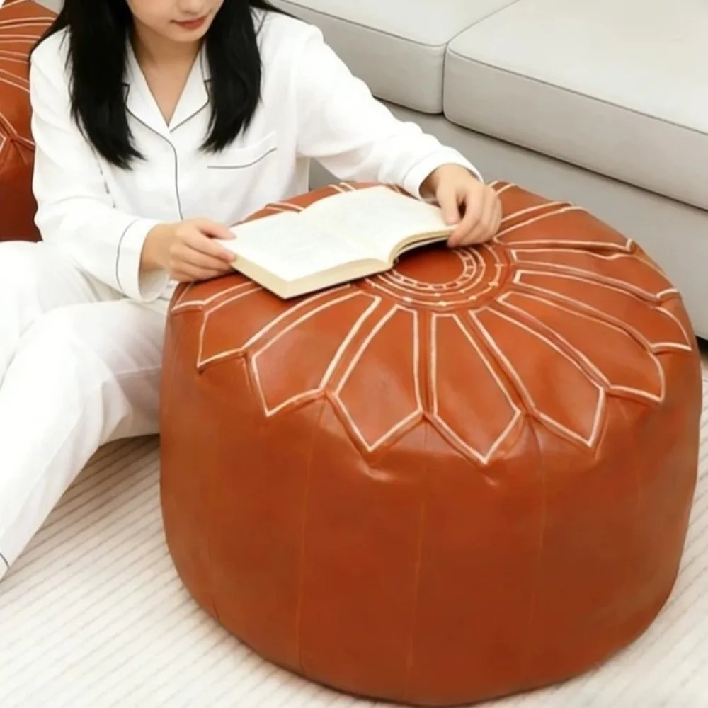 Round Seat Cushion Cover Large Capacity Embroidery Pumpkin Pouf Cover Unstuffed Waterproof Storage Leg Bench Meditation Use