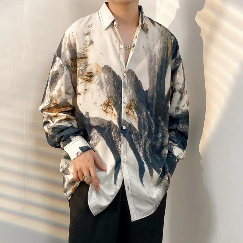 Vintage Summer Tie-dyed Painting Shirt Men Hip Hop Loose Long Sleeve Shirt Male Fashion Hawaii Button Long Sleeve Blouse Tops