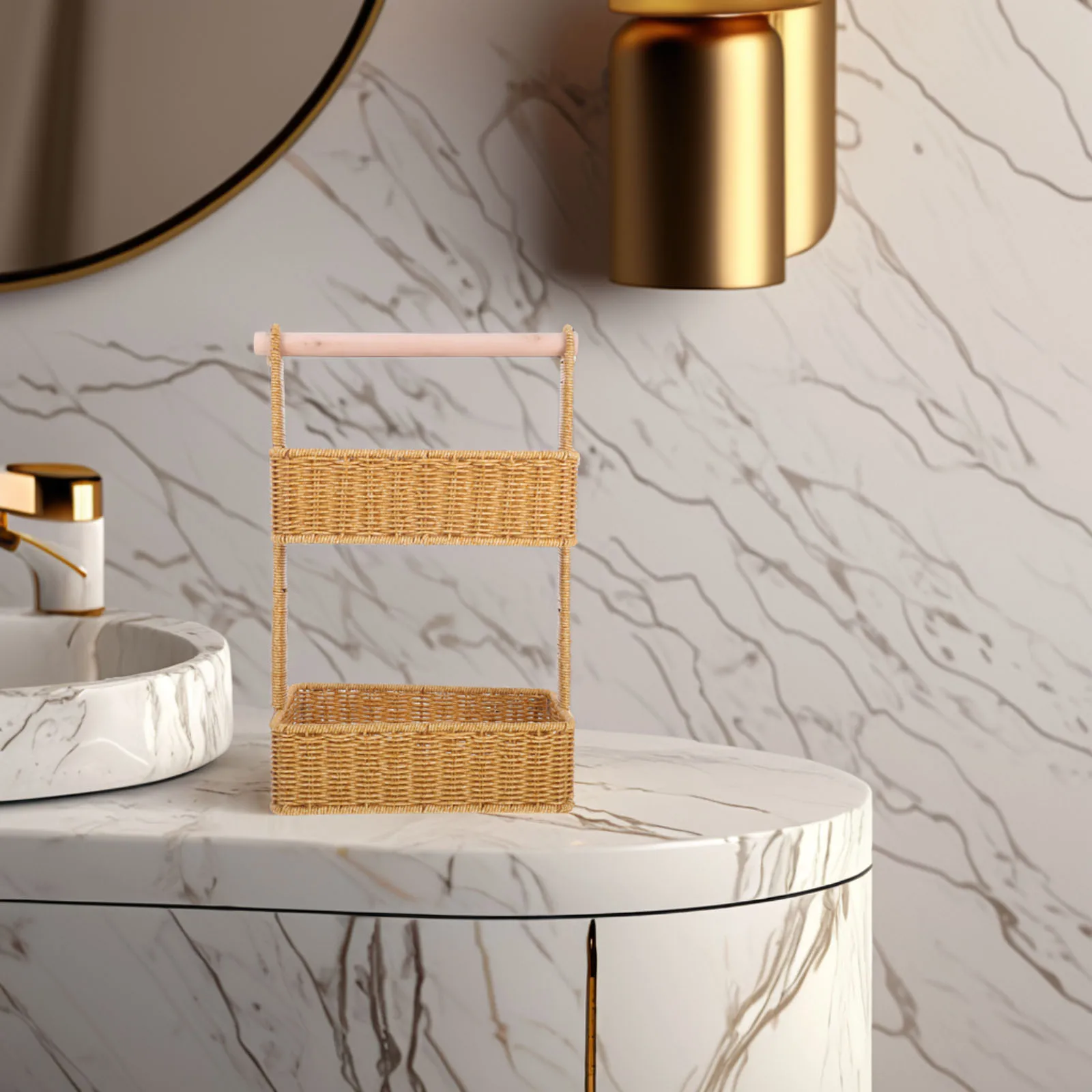 

2 Tier Storage Basket Woven Double Layer Organizer Decorative Rack for Bathroom Bedroom Kitchen Storage Baskets Large Basket