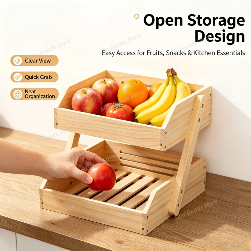 3 Tier Vegetable Fruit Bowl Holder for Kitchen Counter Large Capacity Wood Fruit Basket  MultiFunction Kitchen Storage Shelf