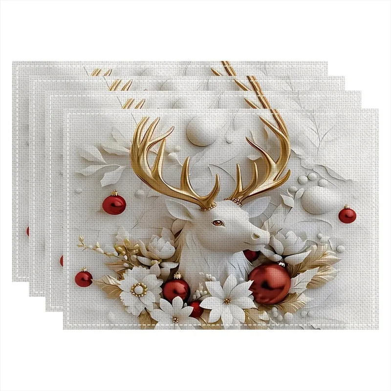VIKAMA Linen Placemats White Reindeer Gold Antlers, Cream White Red, Stain Resistant Easy to Clean, Dining Table Holiday