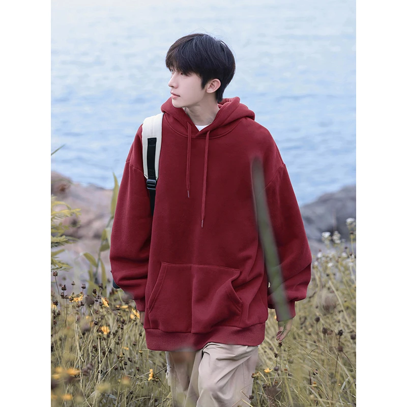 

American Sle Heavyweight Hoodie Men's k Wine Red Spring Autumn Japanese Retro y Coat for Junior And High School St...