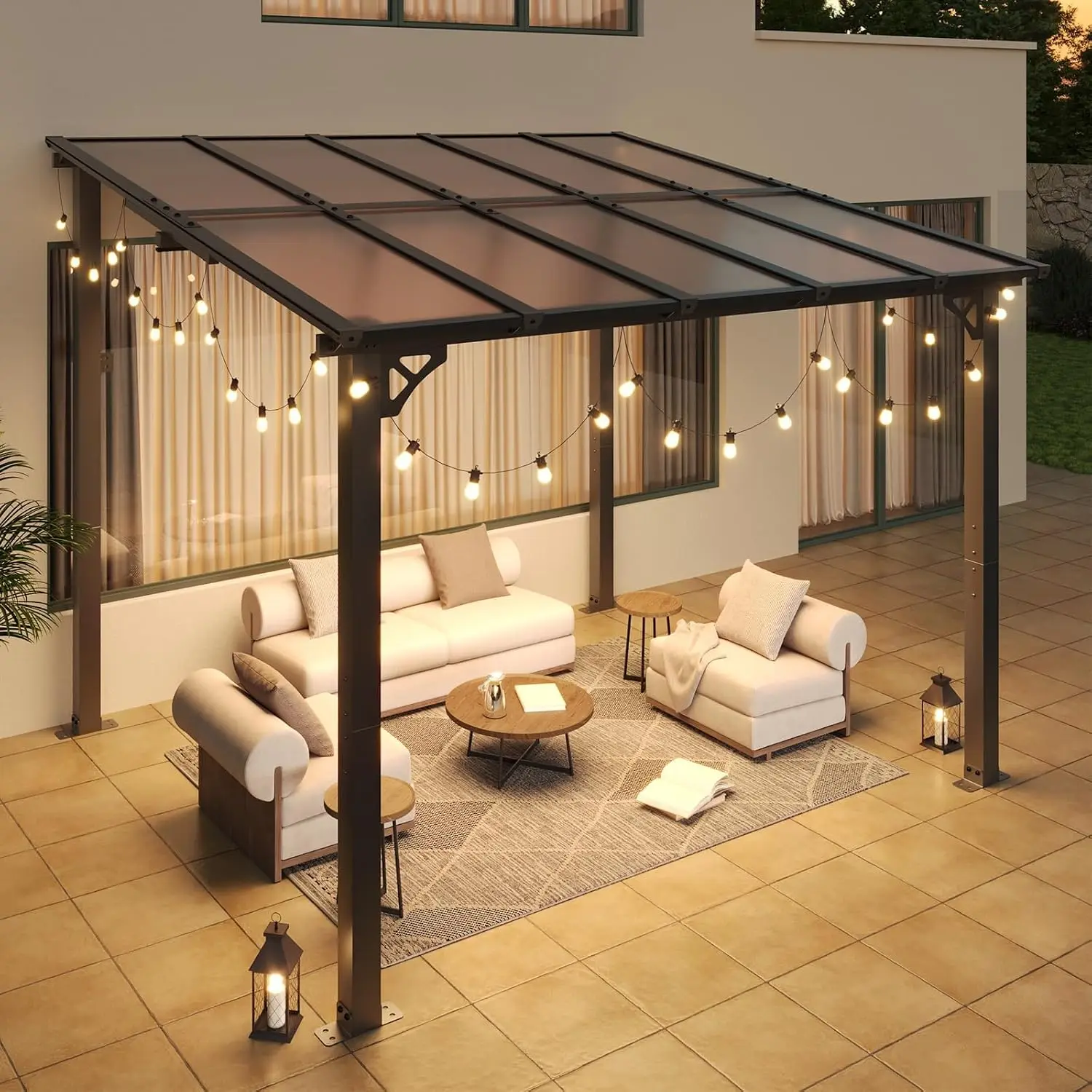 8'x10' Wall Mounted Gazebo with LED Light, Sloped Roof Aluminum Frame Lean to Pergola for Patio Deck Backyard, Customized