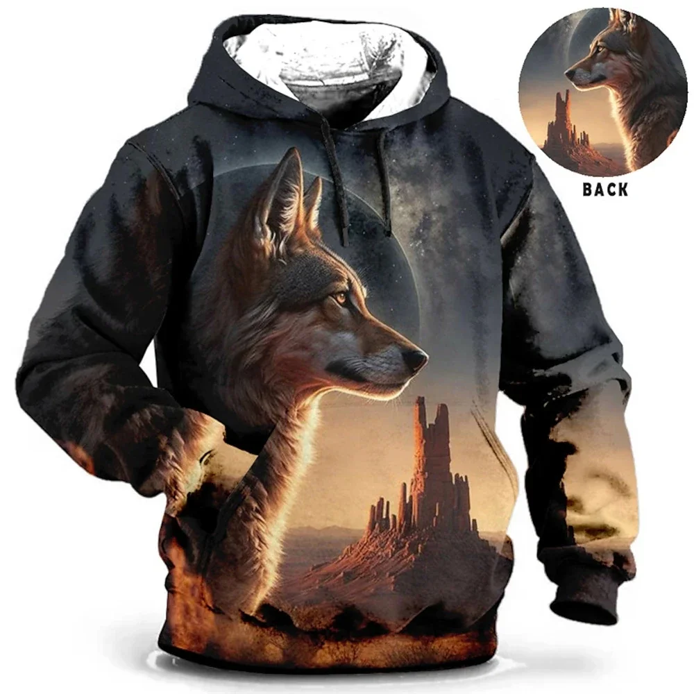 Sweatshirts for Men with Wolf Pattern Design Hooded Shirt Kanye Casual Long Sleeved 3d Dragon Print Clothing Oversized Loose Top