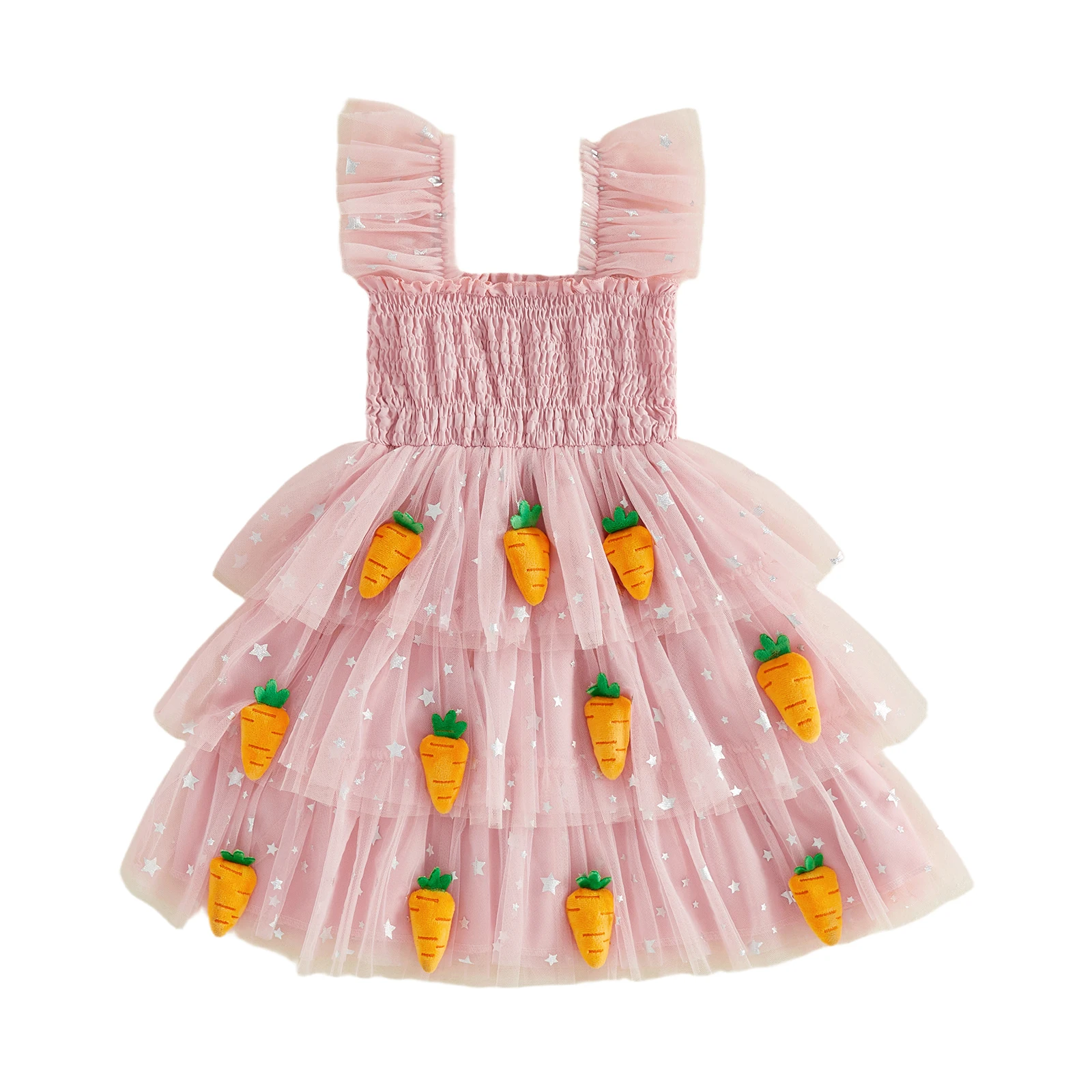

Нарядное пасхальное платье для маленьких девочек с аппликацией в виде моркови и звезд, вышивкой в технике smocking, силуэтом А-образной формы, рукавами-крылышками и сетчатыми оборками