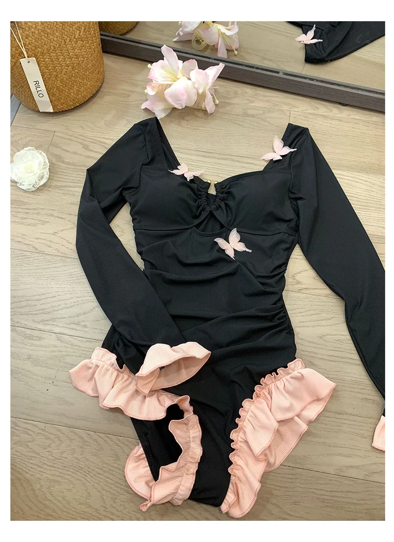 Sexy moda coreana manga longa borboleta maiô uma peça preto rosa retalhos babados bodysuits biquínis bonito roupas de praia