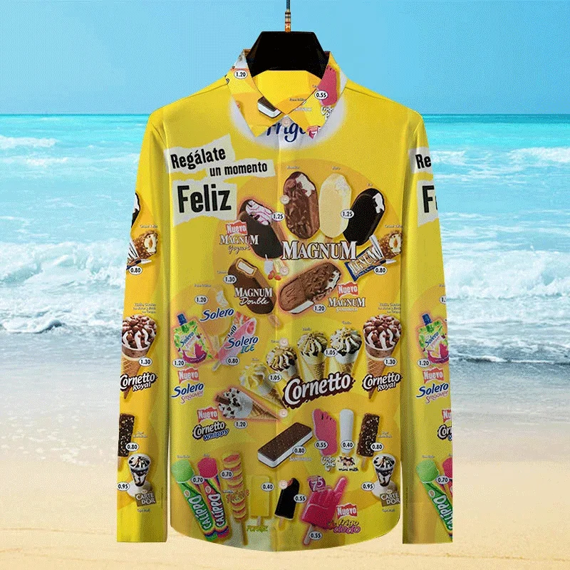 Small Size Fashion 3D The 80S IceCream Patterns Printed Long Sleeve Shirts Cold Popsicle Streetwear Shirts Blouses Mens Clothing