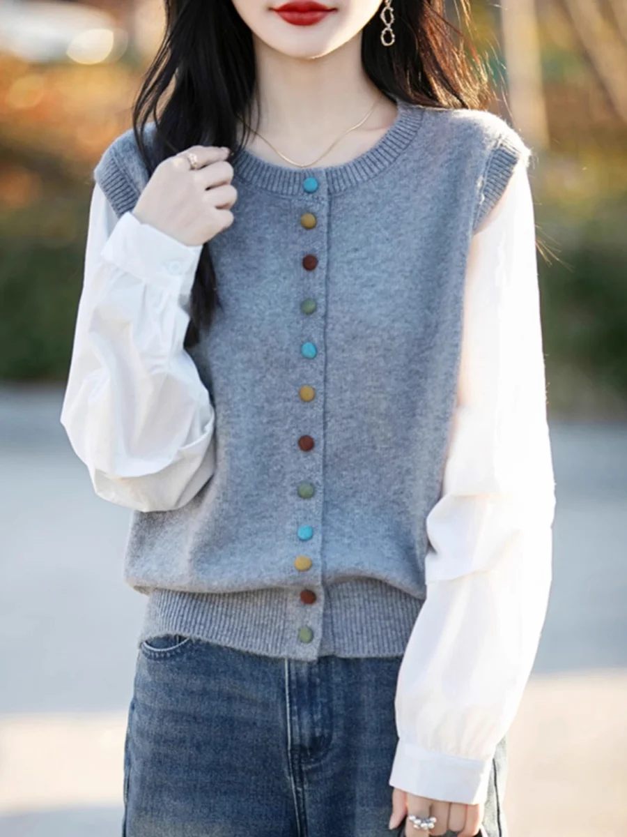   Botão de malha casual redondo ne feminino irt design sentido acolchoado falso cardigan aberto de duas peças commute sle